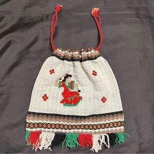 Vintage 70s Handmade Embroidered Mexican Dancer Design Drawstring Cloth Bag